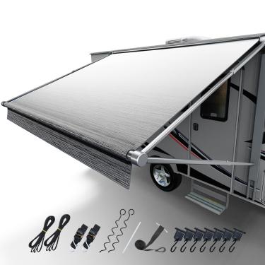 Imagem de Fonzier Substituição De Tecido Para Toldo Rv, Vinil Resistente 18,5 Oz, Com Kits Amarração E Ganchos, Alça Puxar Trailer 10 Pés (Tecido 9 2 Polegadas), Cinza Claro Desbotado