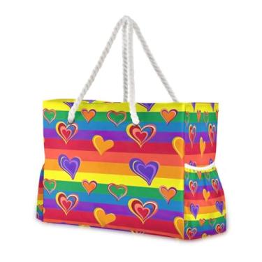 Imagem de Wassud Bolsa de praia grande com coração arco-íris para mulheres, impermeável, à prova de areia, bolsa de viagem com zíper e bolso para piscina, academia, acampamento