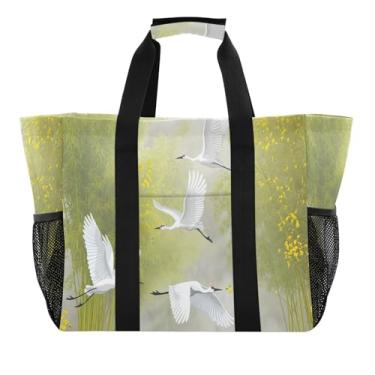 Imagem de Wassud White Cranes Flying Sacos de mercearia reutilizáveis grande bolsa organizadora de lona impermeável para praia, piquenique, lavanderia, viagem