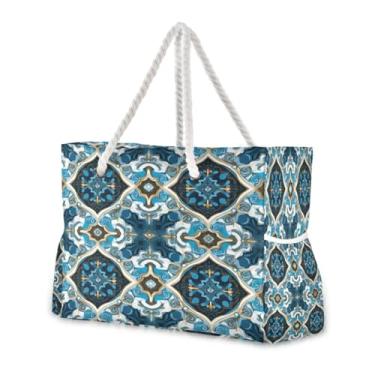 Imagem de Wassud Bolsa de praia grande para mulheres, azulejo ornamentado azul (4) bolsa de viagem à prova d'água à prova de areia com zíper e bolso bolsa de acampamento para piscina academia