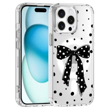 Imagem de JOYLAND Capa magnética para iPhone 16, capa com laço preto de bolinhas compatível com MagSafe, capa de telefone transparente, capa protetora de TPU macio antiamarelamento com parte traseira rígida à