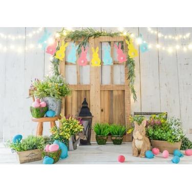 Imagem de DePhoto Pano de fundo para fotografia de primavera, Páscoa, 2,8 x 1,8 m, rústico, de madeira, coelhinho, ovos coloridos, grama, floral, fotografia, para aniversário, chá de bebê, banner, sessão de