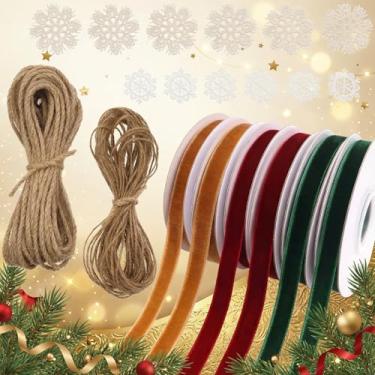 Imagem de IDONGCAI Conjunto de fita de embrulho de presente para decoração de Natal, fitas de veludo de 9,5 cm, flocos de neve, corda de juta/corda de cânhamo, para embrulho de presente, convites, decorações de