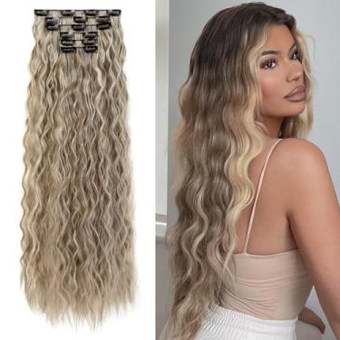 Imagem de Peruca de cabelo com clipe, 61 cm, 6 peças, extensões de cabelo sintéticas longas com clipe para mulheres (marrom acinzentado com destaques loiros