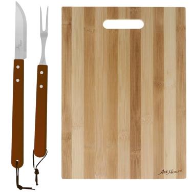 Imagem de Kit Churrasco 2 Peças Garfo e Faca Cabo Madeira Longo + Tabua de Corte Bambu 33x23cm Com Alça