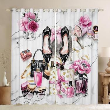 Imagem de Erosebridal Cortinas blecaute rosa lindas flores femininas cortinas de janela 132 x 213 cm laço coquete doce janela tratamentos modernos revista prata salto alto meninas mulheres maquiagem romântica