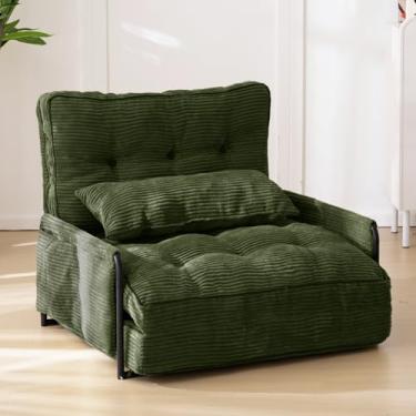 Imagem de MAXYOYO Sofá de chão ajustável com travesseiro, cama multifuncional, sofá-cama dobrável de 5 posições com apoio de braço, assento versátil para leitura, verde escuro, solteiro