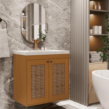 Imagem de Kit Gabinete Banheiro Artemis Cedro com Cuba, Espelho 3mm e Dobradiças Metálicas – Armário Suspenso (Naturale)