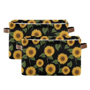 Imagem de Organizador de armário retangular dobrável – caixas de armazenamento decorativas de tecido de lona para banheiro, roupas, amarelo, girassol, preto, pacote com 2