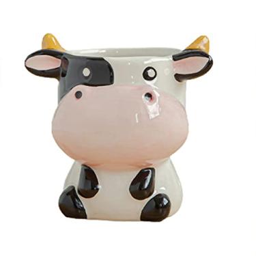 Imagem de Phefop Pote Em Formato de Desenho Animado, Plantador de Animais, Pequeno Vaso de Cerâmica, Drenagem para Mini Planta, Flor, Tillandsia, Ar, Samambaia, Expositor, Home Office, Desktop (vaca)