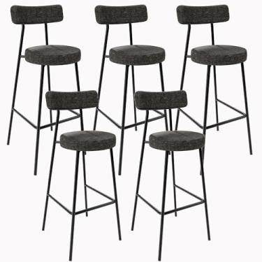 Imagem de Kit 05 Banquetas Altas Cozinha Sala De Jantar Estrutura Em Aço Milão L02 Linho Chumbo - Lyam Decor