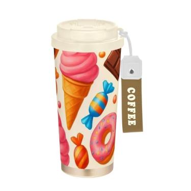 Imagem de TSENQUE Caneca de café de viagem de 473 ml, copo de café com revestimento cerâmico com canudo e tampa de filme, copo isolado a vácuo de aço inoxidável, sorvete doce de rosquinhas doces