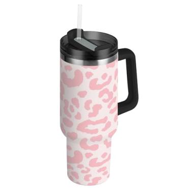 Imagem de Joisal Copos de aço inoxidável com tampas e canudos Caneca de café de carros leopardo rosa da moda bebida quente copo bonito à prova de vazamento com alça Garrafas de água isoladas de 1,134 g