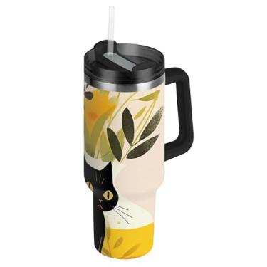 Imagem de Joisal Copos de gato preto de desenho decorativo com tampa e canudo copo grande com alça Garrafa de água de 1,134 g Garrafa de água de aço inoxidável isolada cabe no copo do carro