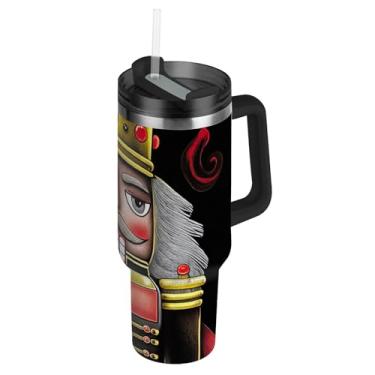 Imagem de Copo com alça Copos de aço inoxidável de 850 g com tampa e canudo Garrafas de água com isolamento térmico, caneca de café quente para carro, desenho animado de Natal, quebra-nozes coroa