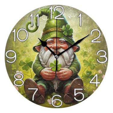 Imagem de Relógio de parede analógico decorativo operado por bateria silencioso para quarto e cozinha, sala de estar moderna, decoração de parede, gnomo verde trevo, 25 cm, ponteiros pretos