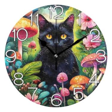 Imagem de GAIGEO Relógio de parede analógico decorativo operado por bateria silencioso escritório relógio de cozinha, decoração de parede retrô moderna art déco, flores coloridas de gato preto, 25 cm, ponteiros