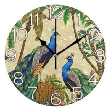 Imagem de GAIGEO Relógio de parede analógico decorativo quarto cozinha relógio estético silencioso sem tique-taque, decoração de parede moderna para sala de estar, pássaro azul vintage colorido, 25 cm