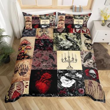 Imagem de Conjunto de capa de edredom de esqueleto boêmio, tamanho casal, rosa e corvo para decoração de quarto de crianças, meninas, mulheres, adolescentes, estampa de caveira de cogumelo gótico, capa de