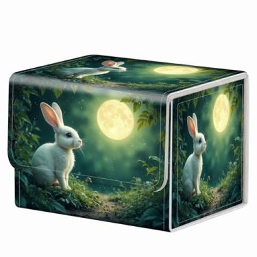 Imagem de RMJKXQZG Ímã forte para TCG MTG Commander Deck Box caixa de baralho mágica padrão criativo caixa de armazenamento de cartas colecionáveis para jogos colecionáveis, lua dourada coelho branco fofo