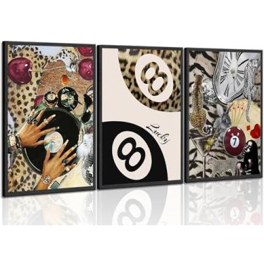 Imagem de 3 peças de arte moderna de parede de lona leopardo funky Lucky 8 bola decoração de parede moda menina negra mulher negra impressões pop música disco vinil pôsteres preppy chita estética imagens arte