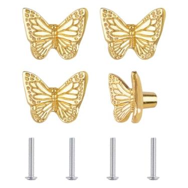 Imagem de UFURMATE Puxador de gaveta de 4 peças, puxadores de liga de zinco, puxadores antigos, puxadores de armário de móveis com parafusos para gaveta, armário (borboleta dourada)