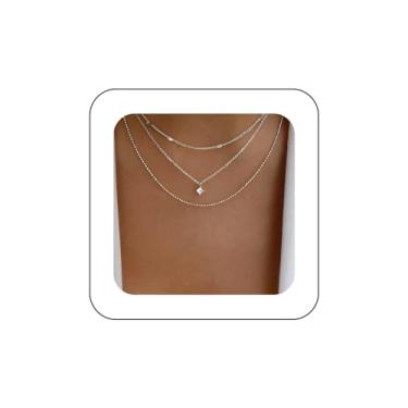 Imagem de Andelaisi Colar Boho em camadas de cristal colar quadrado de strass prata gargantilha com pingente de cristal zircônia cúbica vintage colar de corrente de bola para mulheres e meninas