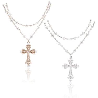 Imagem de arricraft 2 colares de cruz gótica para mulheres, 2 cores, grande, elegante, corrente de elos de camada dupla, joia de metal em camadas com imitação de pérolas para festas, casamentos, moda diária (34