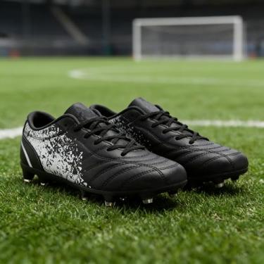 Imagem de Tênis de futebol rígido adequado para meninos e meninas, adolescentes e crianças, cabedal de couro sintético, sola de poliuretano, leve e durável, Preto, 38