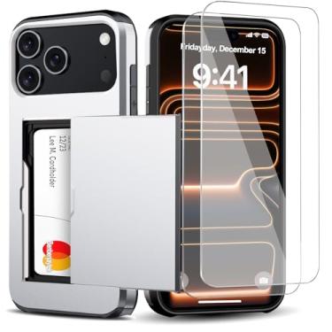 Imagem de Benbenjaytek Capa carteira para iPhone 17 Pro com suporte para cartão + 2 protetores de tela de vidro temperado protetor à prova de choque oculto slot para cartão slim capa feminina masculina para
