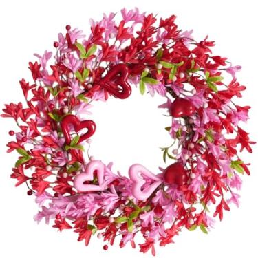 Imagem de TEMPUS Guirlanda de Dia dos Namorados de 50 cm para porta da frente com flores rosa Forsythia em forma de coração e folhas verdes para janelas, paredes e decorações de festa de aniversário