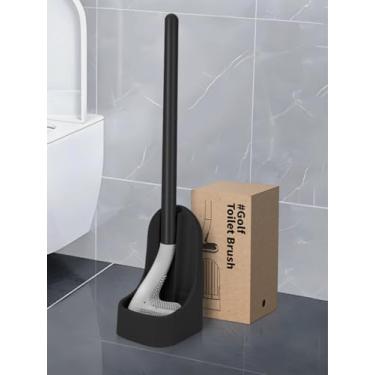 Imagem de Conjunto de escova de vaso sanitário e suporte de silicone, design de cabeça de golfe, cabeça de escova de vaso sanitário flexível com silicone, alça longa, montada na parede com base antivazamento