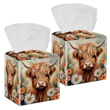 Imagem de Highland Cow Daisies Capa de caixa de lenços quadrada suporte de caixa de lenços de couro à prova d'água organizador de papel facial para banheiro, casa, carro, mesa de cabeceira