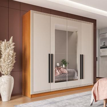 Imagem de Guarda Roupa Roupeiro 4 portas 4 gavetas com Espelho Valência Freijó Creme Politorno Móveis