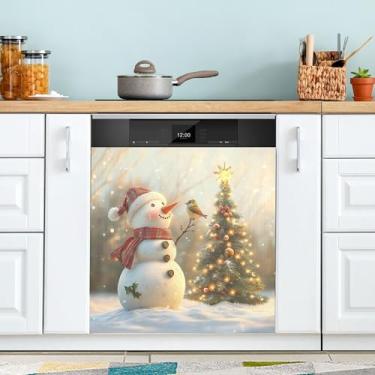Imagem de xigua Linda capa magnética de boneco de neve de Natal, adesivos magnéticos decorativos antiarranhões para painel de geladeira e lava-louças, decoração personalizada de cozinha doméstica 58 x 66 cm