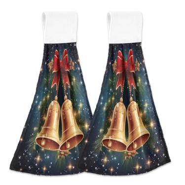 Imagem de Blueangle 2 peças de toalhas de gravata penduradas com sinos de Natal toalha de mão de cozinha absorvente de veludo coral macio pano de pano para cozinha e banheiro (296)