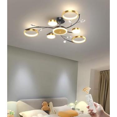 Imagem de Luminária de teto LED dimerizável com cristais, 91 cm, grande, para sala de estar, 70 W, moderna, dourada, para quarto, com controle remoto, cúpula de acrílico, lustre criativo para sala de
