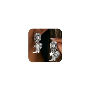 Imagem de Brincos femininos com pingente de galota, chapéu de bota prateada, dourado, grosso, coração, turquesa, cacto, cacto, moderno, country, baile, festa, joias ocidentais, One Size, Metal, Sem pedra