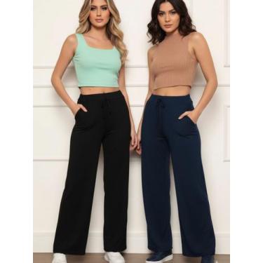Imagem de Kit 2 Calças Pantalona Duna Feminina Wide Leg Tecido Não Amassa Verão 