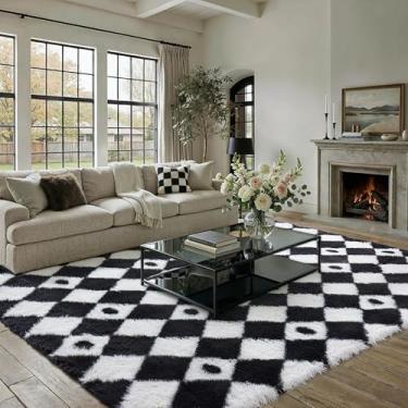 Imagem de PureCozy Tapete quadriculado 15 x 23 cm felpudo fofo sala de estar preto e branco tapete moderno lavável macio felpudo antiderrapante tapetes felpudos para quarto, dormitório, escritório, casa