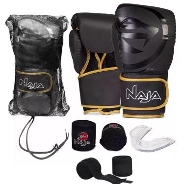 Imagem de KI Luva de Boxe e Muay Thai Black Line Naja + Bandagem + Protetor Bucal + Bandagem Extra Sortida-Unissex