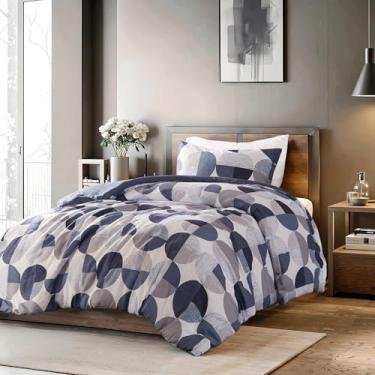 Imagem de Regency Heights Jogo de cama de solteiro com estampa em três tons, 2 peças, edredom quente e aconchegante para todas as estações, azul marinho e cinza