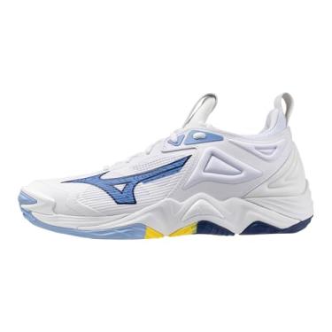 Imagem de Mizuno Tênis de vôlei unissex Wave Momentum 3, Branco-Bellwether Azul, 18.5 Wide Women/17 Men