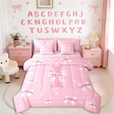 Imagem de Erosebridal Jogo de cama solteiro com letra I com monograma rosa, princesa, 7 peças, moderno, com laço e laço em uma bolsa, para crianças, meninas, lençol com elástico