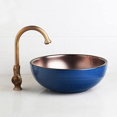 Imagem de Conjunto de pia de banheiro arte azul bacia de cerâmica torneira de latão antigo roatado branco torneira misturadora de lavatório pop up ralo
