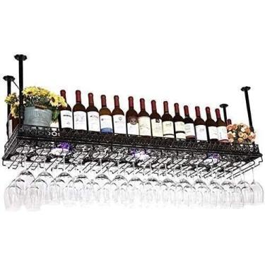 Imagem de SGeneE Suporte de vinho tipo teto rack de vinho suporte de copo de vinho de cabeça para baixo rack de vinho estilo simples suporte de exibição de vidro de vinho pendurado em ferro (bronze 80 cm x 35