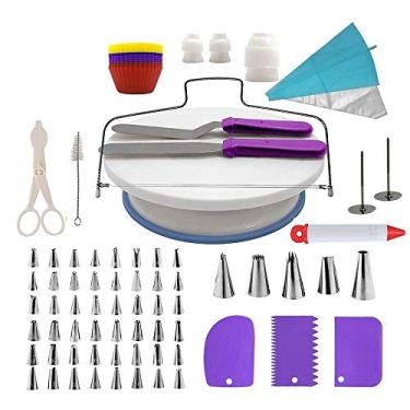 Imagem de Conjunto CakeDecor de Materiais para Decoração Bolo 106 Peças com Roda Giratória Aço Inoxidável Ferramentas Creme DIY Pontas Glasê Sacos Massa Pincel Cortador Caneta Raspeadores Acopladores Espátulas