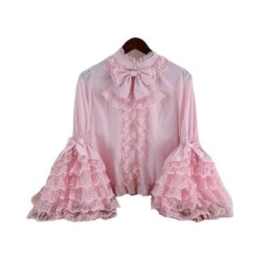 Imagem de Blusa Gótica Rosa E Branca Sweet Lolita De Manga Longa Com Babados E R