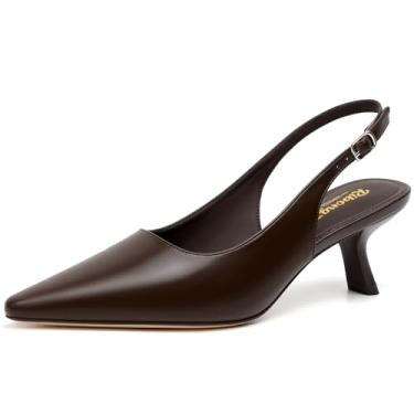 Imagem de RIBONGZ Salto gatinho feminino bico fino fechado salto baixo salto slingback fivela tiras conforto vestido sapatos namoro casamento festa de formatura trabalho, Chocolatebrownpu, 42