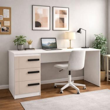 Imagem de Mesa para Escritório Lisboa 3 Gavetas Creme/Branco -  Politorno